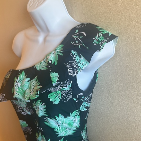 Hilor One Piece Asymmetric One Shoulder Bathing Suit Black/Green Womens Size 10 - Picture 5 of 16